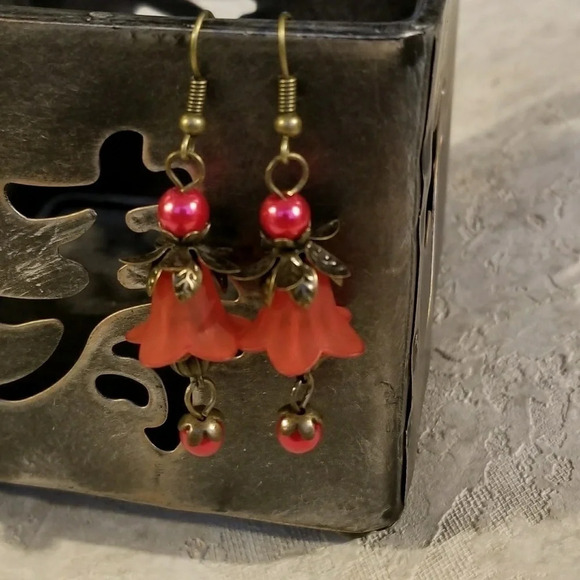Steampunk Fantasia Bronze Red Brass Tulip Earnings - Picture 1 of 1